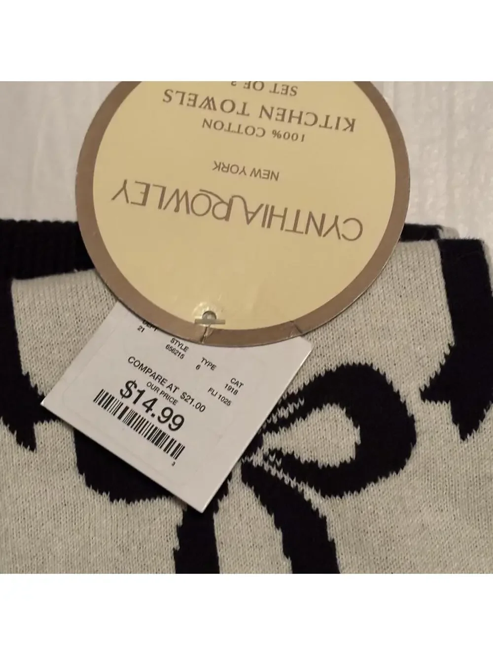 Cynthia Rowley 100% Cotton Kitchen Towels Set of 3, Black and White Bow Pattern